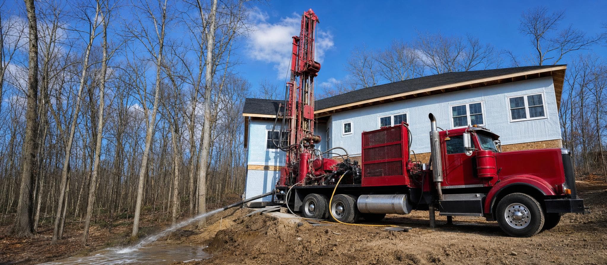 Truck-mounted rotary drilling rig with mast raised, drilling a well beside a new home under construction